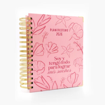 Agenda espiral Planifesting 2026 rosa con flores portada inspiradora