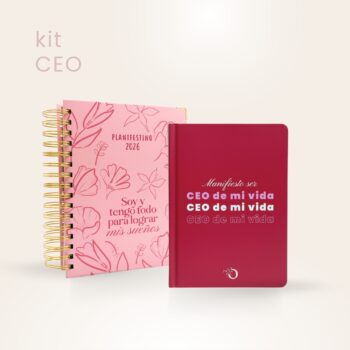 Kit CEO 2026 con agenda espiral rosa de flores y libreta para notas roja CEO, set de planificación para mujeres organizadas.