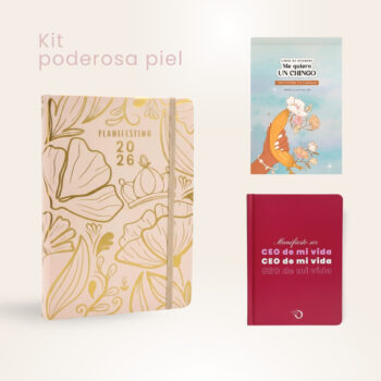 Set de organización Kit Poderosa Agenda 2026 de piel, libreta para notas y libro de más de 500 stickers.