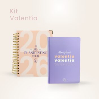 Kit Valentía con agenda espiral 2026 rosa con morado y libreta para notas Valentía en color lila, set de planificación y escritura.