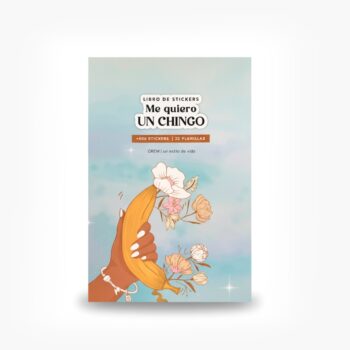 Portada del Libro de 500 stickers Me quiero un chingo de OREM con ilustración de mano sosteniendo flores sobre fondo azul.