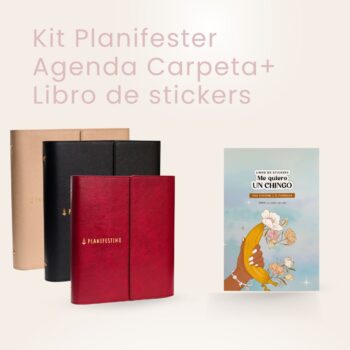 Kit Planifester 2026 con agenda carpeta disponible en colores rojo, negro y beige, acompañado del libro de stickers Me quiero un chingo con más de 500 stickers para organización y motivación.