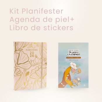 Kit Planifester 2026 con agenda de piel color beige con detalles dorados y el libro de stickers Me quiero un chingo con más de 500 pegatinas motivacionales y decorativas.