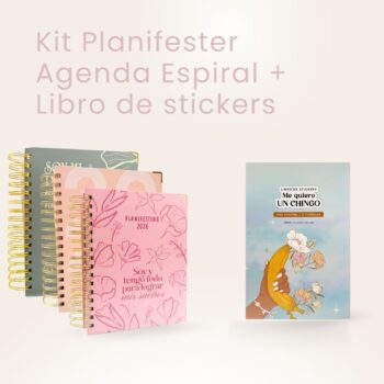 Kit Planifester 2026 con agenda espiral en diferentes diseños y el libro de stickers Me quiero un chingo con más de 500 pegatinas para personalizar y organizar tus días.